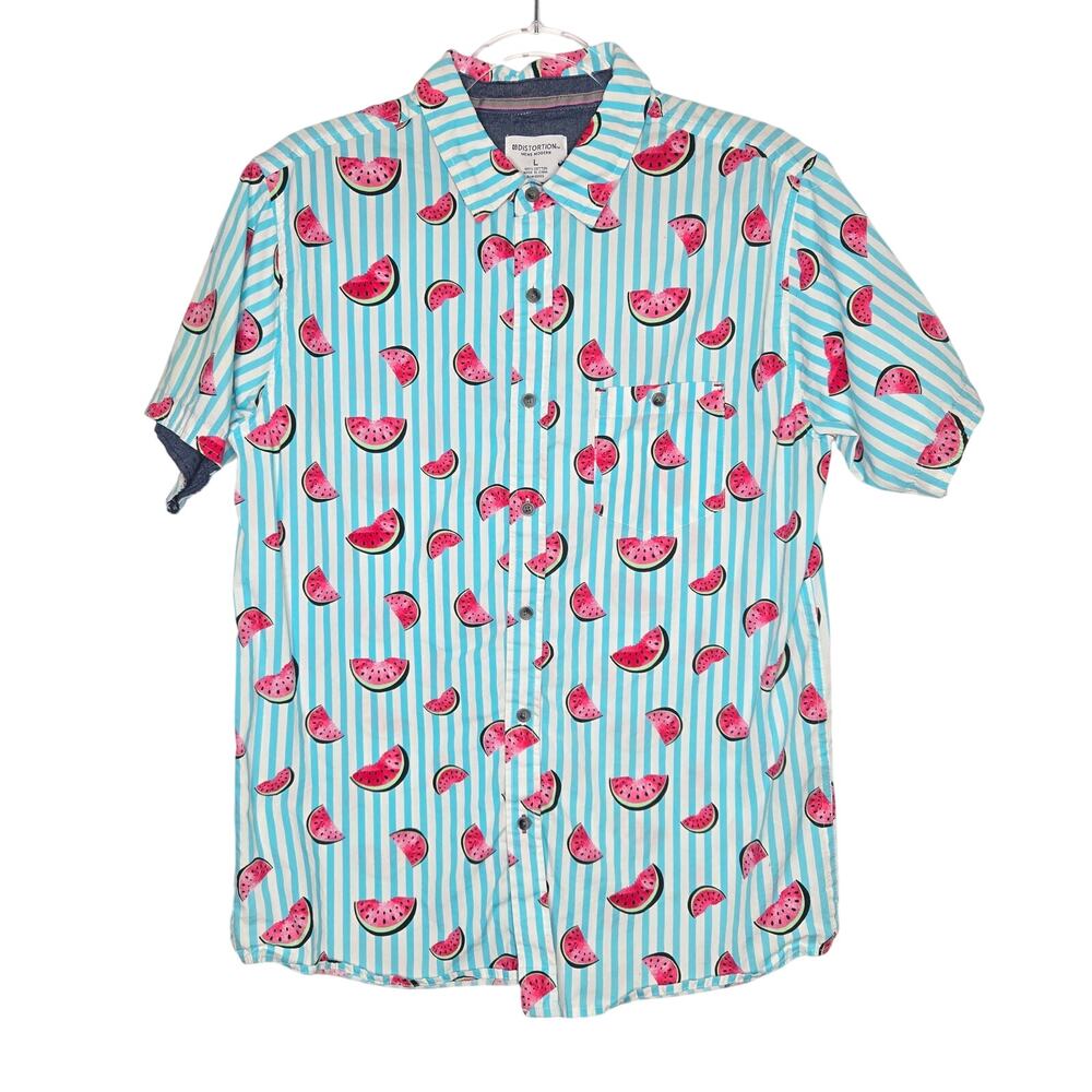 Distortion Mens Modern Watermelon Striped Short Sleeve Button Down Shirt SZ LG